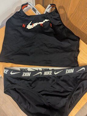 Nike Logo Tape Crossback 2 Piece Swim Suit Midkini Black-Girls XL